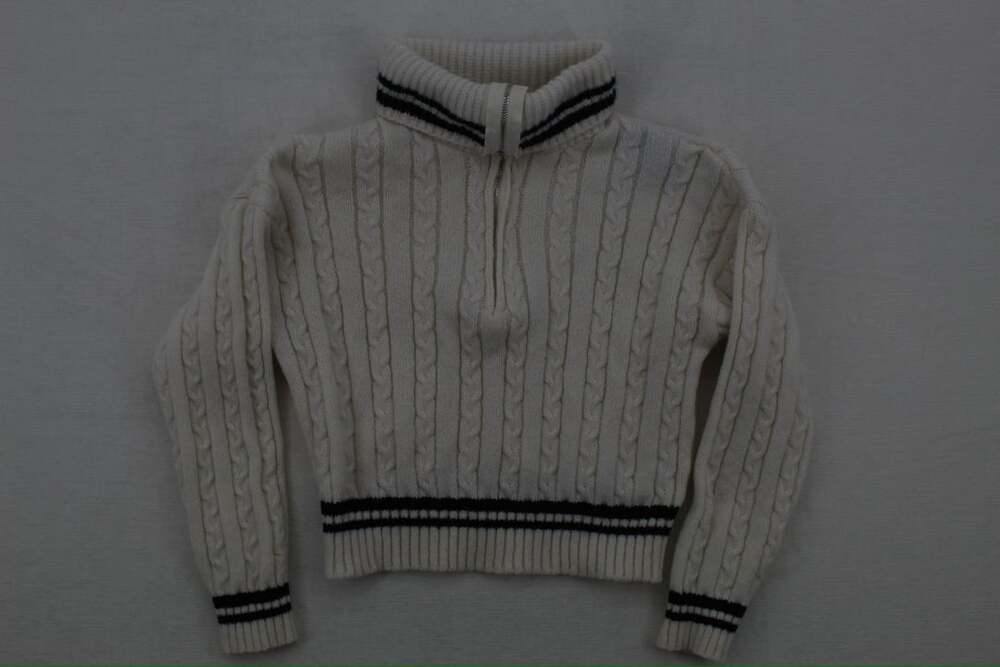 Envme Cream Cable Knit Half Zip Pullover Sweater with Navy Trim Size M